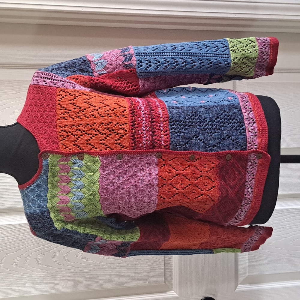 Susan Bristol Vintage Crochet Patchwork Chunky Knit Cardigan Sweater Bo